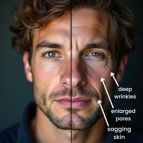 A split-screen photo Left Side A youthful male face with smooth, firm skin and a slight natural glow. Right Side The same face, now aged,