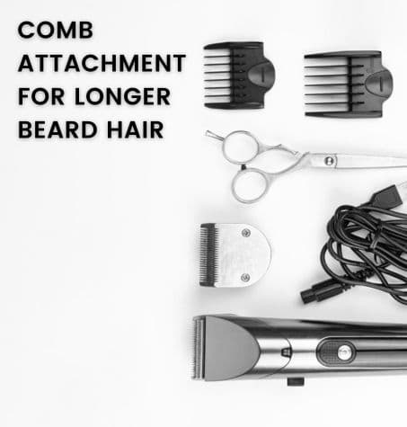 Beard trimmer, cord, scissors and comb attachments, text overlay reads comb attachment for longer beard