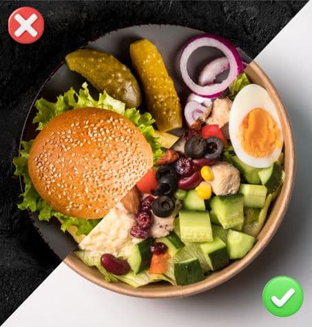 Comparison between unhealthy junk food and fresh whole foods, emphasizing the importance of eliminating processed foods