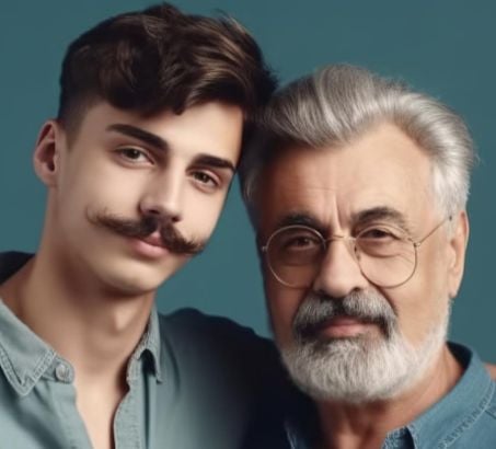 dad and son with different colour, thickness,density and shape of facial hair