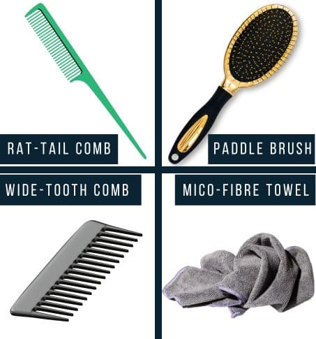 Collage of Essential hair care tools