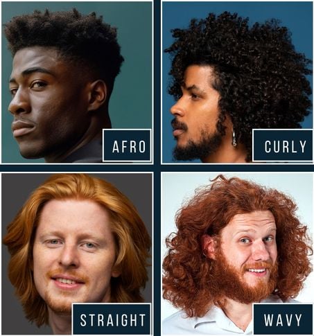 Collage of four different hair types: Afro, Curly, Straight, Wavy