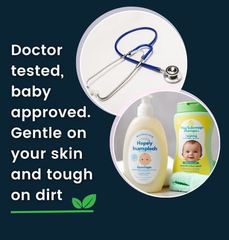 a doctor's stethoscope next to a bottle of hypoallergenic baby shampoo, emphasizing safety and gentleness for sensitive skin