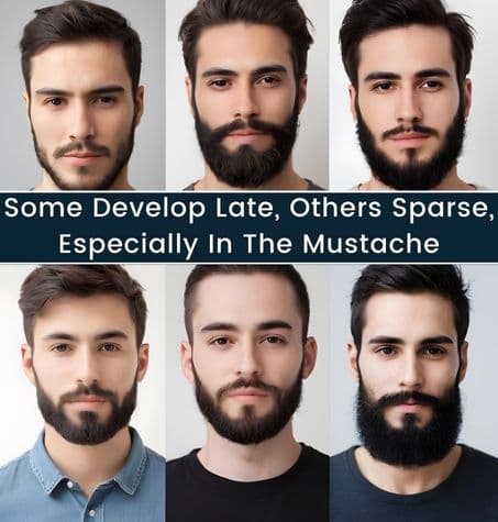 men with varied beard growth patterns some sparse, especially in the mustache