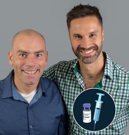 two men side by side, one with a full beard and the other with very little facial hair. Testosterone injections are included