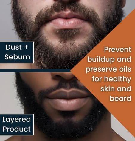 collage: beards with build up caused by sebum, dust and layers of personal care products