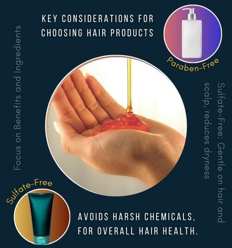 Hand with hair product showing key ingredients to look for. Icons highlighting sulfate-free and paraben-free options for healthier hair.