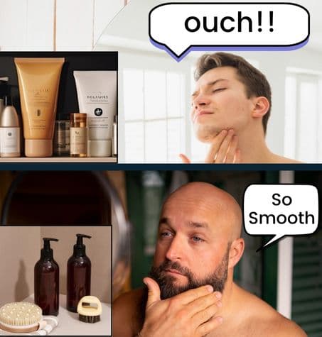 Man applying cream to irritated skin surrounded by product bottles; emphasizing natural ingredients over harsh chemicals
