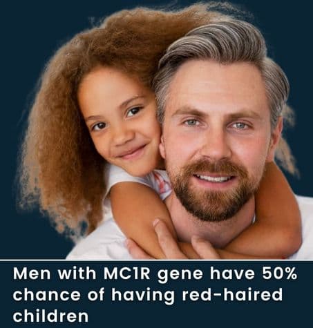 Man with a red beard embraces his daughter, who also has reddish hue hair, illustrating the genetic link