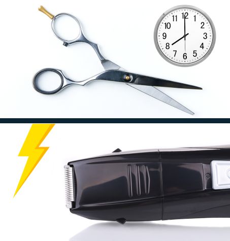 Split screen: scissors needs time and patience, beard trimmer is fast and accurate
