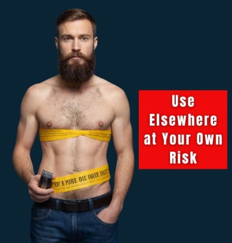 Person holding a beard trimmer, wrapped in caution tape with warnings Use Elsewhere at Your Own Risk.