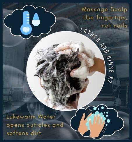 Proper shampooing technique demonstration with lukewarm water indicator, lathering instructions, and reminder to use fingertips not nails.
