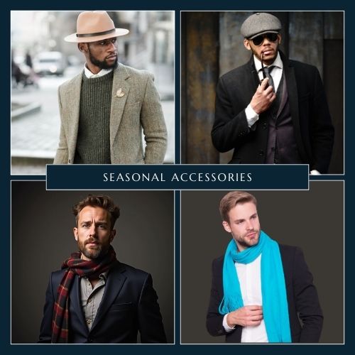 collage of men wearing different suit styles with seasonal accessories