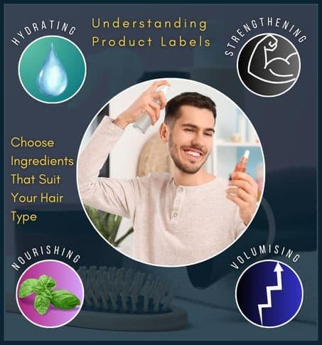 Man examining hair product labels with icons for various hair benefits: hydrating, strengthening, nourishing, and volumizing properties.