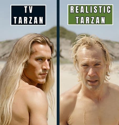 Young Tarzan depicted with flowing blond hair on the left, contrasting with a more mature Tarzan on the right, showing short, balding blond