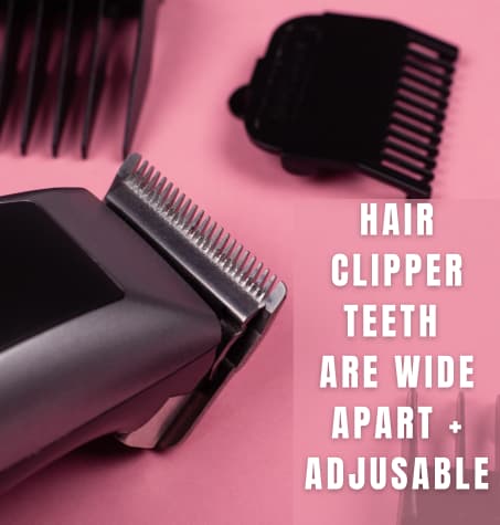 a Close-up of a black hair clipper against a pink background, showcasing adjustable blades and guards.