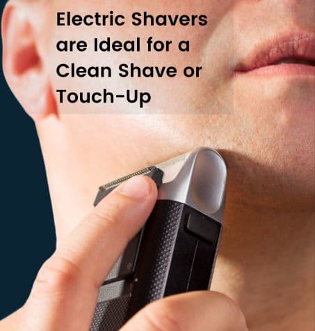 a man using electric shaver for clean shaved look. Trims hair at skin surface for smooth appearance