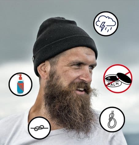 wiry dry beard in harsh weather, surrounded by symbols representing harsh weather, harsh cleansers, and knots