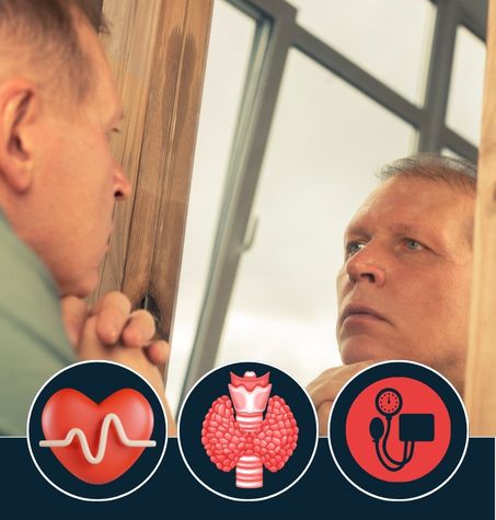 a mature man with a smooth face calmly looking into the mirror, representing patience in beard growth.