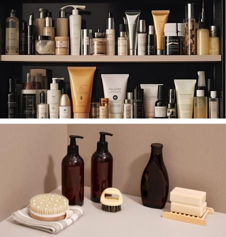 a split image minimal v cluttered male grooming products bathroom shelf