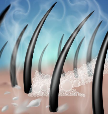 close up of hairs sprouting from skin, soapy arrows and steam