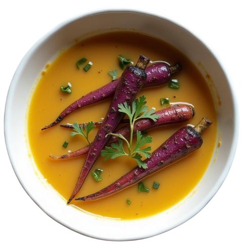bowl of hearty homemade leek soup with grilled purple dragon carrots and parsley