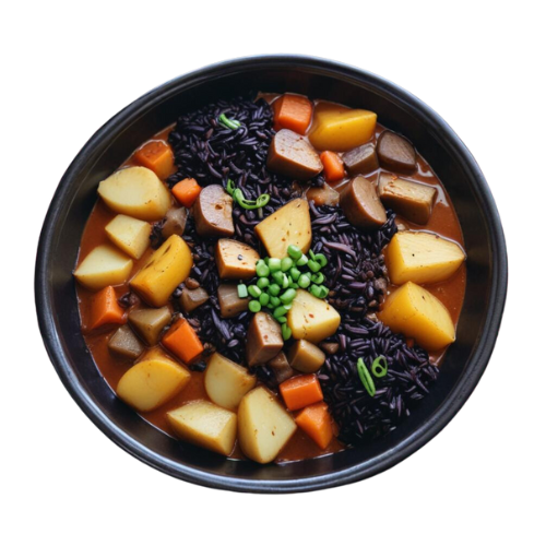 bowl of spicy vegetable stew with spicy black rice, green onions and red onions