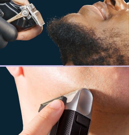 close side by side comparison of a beard being trimmed with a beard trimmer and a chin receiving a clean