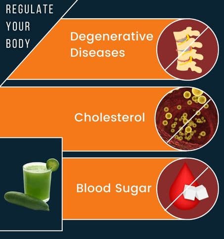 _cucumber juice, symbols representing cholesterol, blood glucose levels, and degenerative diseases, conveys health benefits of cucumber