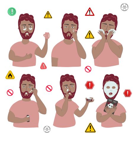 Infographic of a men experiencing different symptoms from grooming products