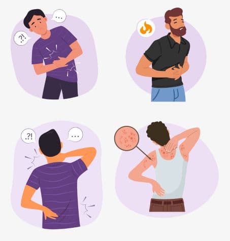 different men suffering from inflammation, damaged tissue and skin