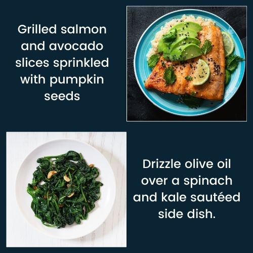 grilled salmon and avocado slices pumpkin seeds spinach and kale with olive oil
