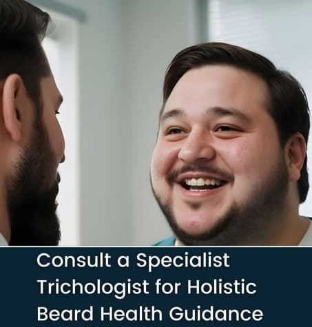 happy man consulting a trichologist for guidance on beard health