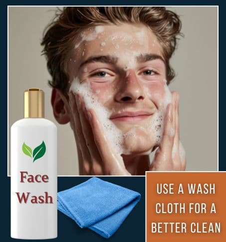 happy man washing his face surrounded by face wash and a wash cloth. overlay says use a wash cloth forabetter clean
