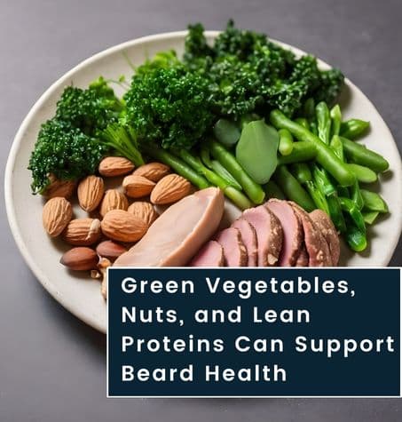 healthy foods on a plate, representing a diet that promotes strong beard growth from well-nourished follicles.