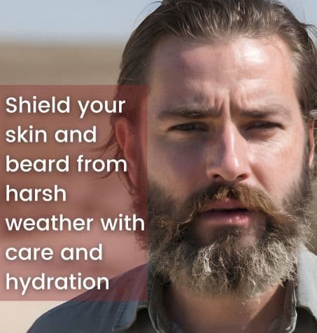 a man with dry, wiry and weathered hair. overlay text reads shield your skin and beard from harsh weather with care and hydration