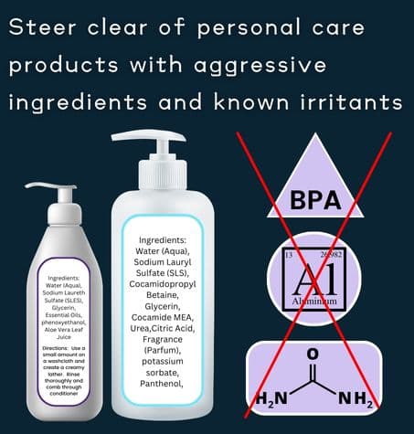 bottle showing common ingredients in personal care products alongside images of known irritants