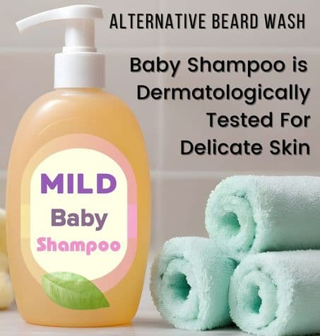 mild baby shampoo and soft towels to symbolise its gentleness. overlay text reads alternative beard wash. baby shampoo is dermatologically
