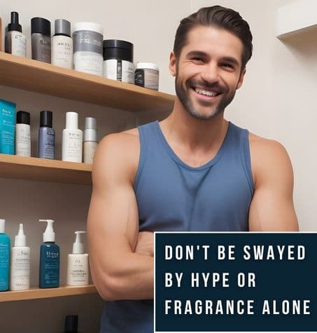 smiling man surrounded by grooming products, overlay text reads dont be swayed by hype or fragrance alone
