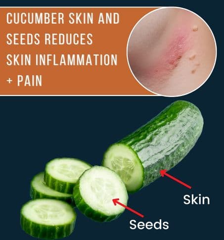 inflamed skin surrounded by images of cucumber skin and seeds for reduced pain and inflammation (1)