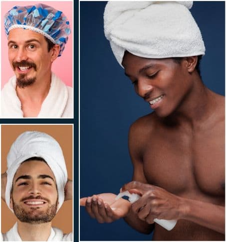 collage of men using different hair steaming techniques