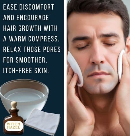 man applying a warm compress to their face, with a soothing expression. overlay reads Ease discomfort and encourage hair grow