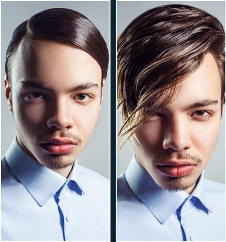 split image of a young man with a flat combover and a raised combover