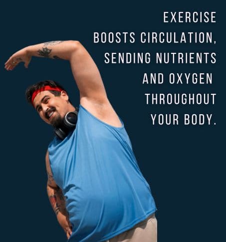young man working out , overlay text says excercise boosts circulation sending nutrients and oxygen throughout