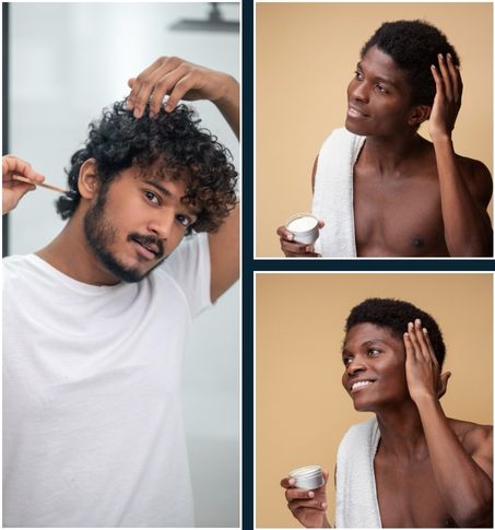 young men using moisturising products on their curly hair
