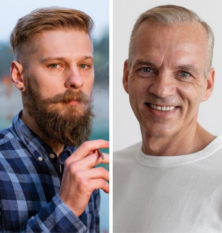 young nephew with big beard and mature uncle with smooth face