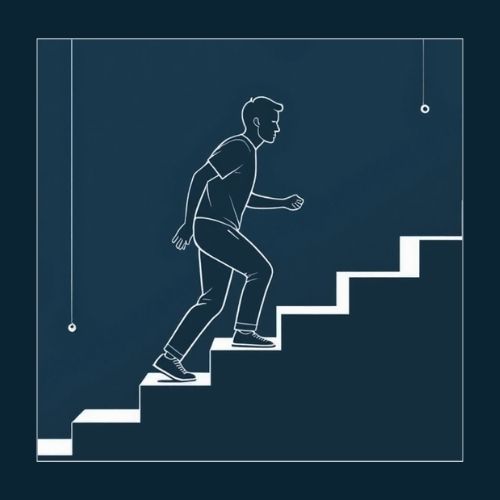 A figure climbing stairs