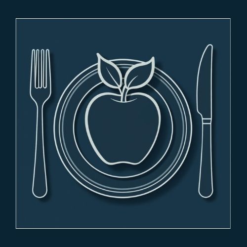 A simple apple icon on a plate with a fork and knife in a minimal style