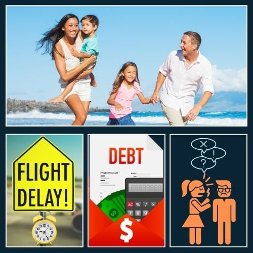 a split-screen design on a plain background. The top panel shows a polished, idealized social media photo of a perfect family vacation—bright skies, a smiling family, and a scenic backdrop. The bottom panel reveals the hidden reality: icons for a flight delay (an airplane with a clock), credit card debt (a card with a dollar sign), and an argument (a speech bubble with a warning sign)