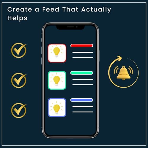 a clean smartphone screen split into two parts. At the top, there is a notification bell icon with a small reset arrow—this hints at “The Notification Reset.” Below, shows a list of posts where each post has a small check mark and light bulb icon indicating it’s valuable.